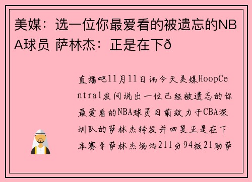 美媒：选一位你最爱看的被遗忘的NBA球员 萨林杰：正是在下😂