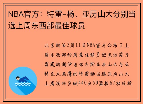 NBA官方：特雷-杨、亚历山大分别当选上周东西部最佳球员